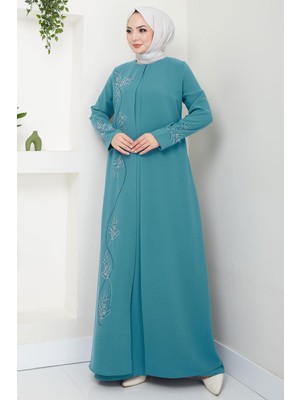 Büyük Beden Yaprak Taşlı Anne Elbisesi Mint HM2350