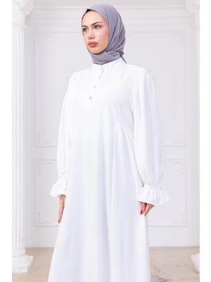 Kolları Lastikli Eva Tesettür Elbise Beyaz HM2758