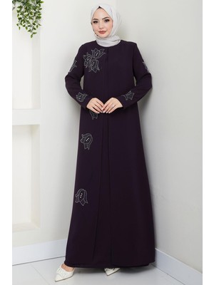 Büyük Beden Lale Taşlı Anne Elbisesi Mor HM2692