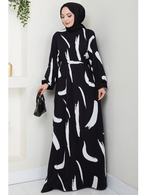 Fırça Desenli Yazlık Viskon Elbise Siyah HM2730