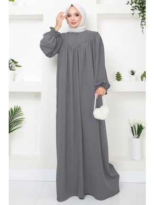 Büzgülü Robalı Elbise Gri HM2501