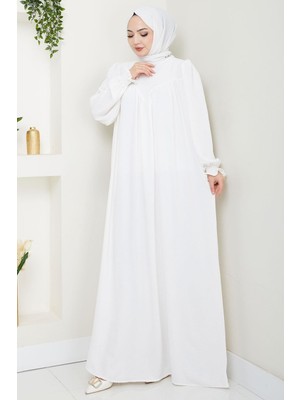 Büzgülü Robalı Elbise Beyaz HM2501