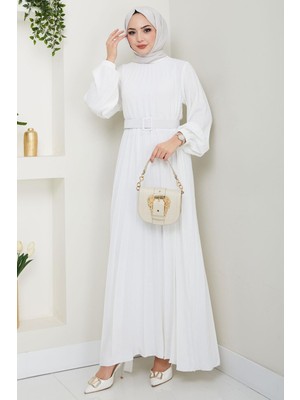 Kemerli Piliseli Aerobin Elbise Beyaz HM2339