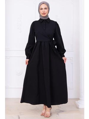Yandan Bağlamalı Tesettür Elbise Siyah HM2753