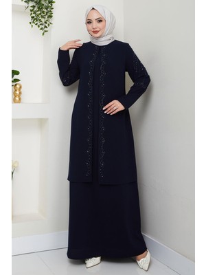 Büyük Beden Boncuklu Taşlı Anne Elbisesi Lacivert HM2693