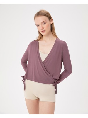 Ayma Active Kadın Lila İpli Kruvaze Bluz - EcoVero™ Viskoz, Çok Yönlü Bağcıklı, Uzun Kollu, Dönüştürülebilir Wrap Top