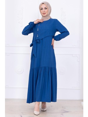 Önü Taş Detaylı Yandan Bağlamalı Tesettür Elbise Indigo HM2760