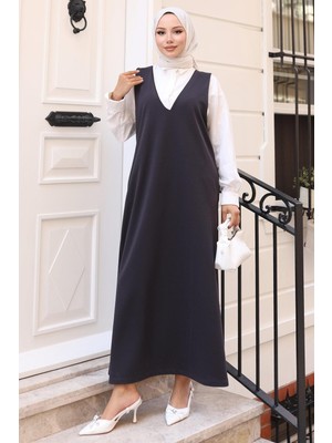 V Yaka Cepli Örme Jile Elbise Antrasit HM2754