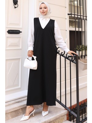 V Yaka Cepli Örme Jile Elbise Siyah HM2754