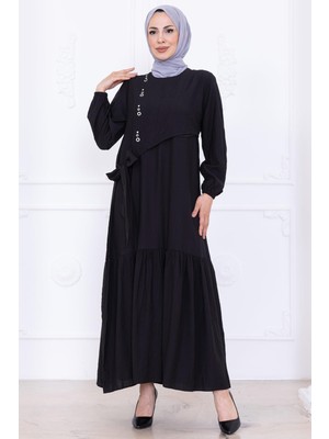 Önü Taş Detaylı Yandan Bağlamalı Tesettür Elbise Siyah HM2760
