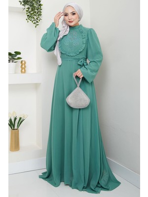 Boncuklu Şifon Abiye Elbise Mint HM2667