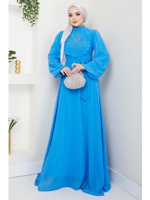 Boncuklu Şifon Abiye Elbise Mavi HM2667