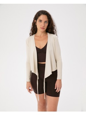 Ayma Active Kadın Krem İpli Kruvaze Bluz - EcoVero™ Viskoz, Çok Yönlü Bağcıklı, Uzun Kollu, Dönüştürülebilir Wrap Top