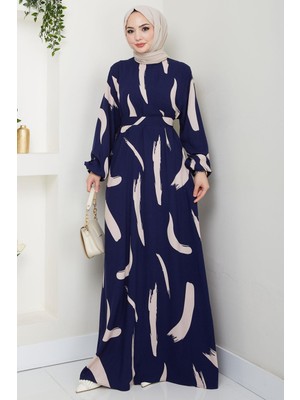 Fırça Desenli Yazlık Viskon Elbise Lacivert HM2730