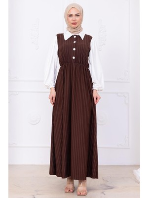 Kol Garnili Çizgili Tesettür Elbise Kahverengi HM2740