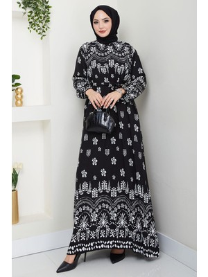 Nevra Desenli Yazlık Viskon Elbise Beyaz HM2678