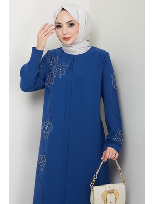 Büyük Beden Lale Taşlı Anne Elbisesi Indigo HM2692