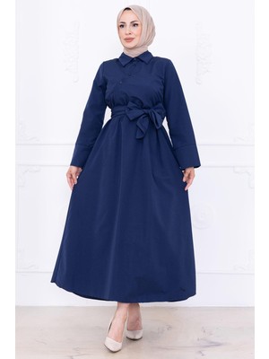 Önden Çapraz Düğmeli Kuşaklı Elbise Lacivert HM2755