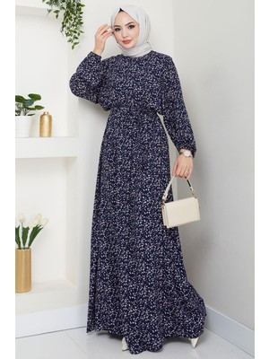 Çıtır Çiçek Desenli Yazlık Viskon Elbise Lacivert HM2717