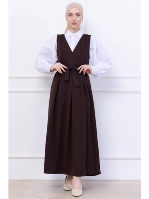 Kuşaklı Pileli Örme Jile Elbise Kahverengi HM2736