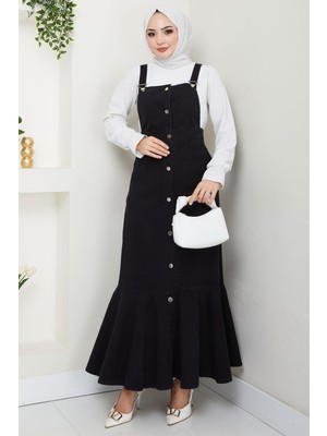 Eteği Fırfırlı Düğmeli Kot Salopet Elbise Siyah HM2672