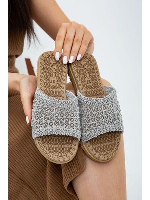 Gri Önü Açık Hasır Örgü Dış Mekan ve Ev Terliği