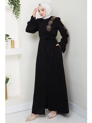 Hafsa Mina Kadın Çiçek Taşlı Kuşaklı Ferace Siyah Uzun Kol Örme Kumaş HM2713