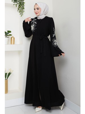 Incili Çiçek Motifli Kuşaklı Ferace Siyah HM2720