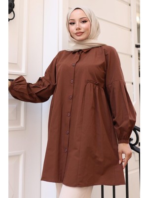 Büzgü Detaylı Balon Kol Gömlek Kahverengi HM2763