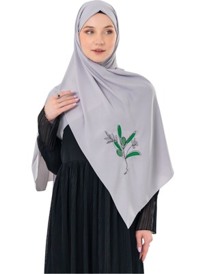Polyster Gri Rengi Şal Filistin Zaytin Dalı Renkli Nakışlı S100037