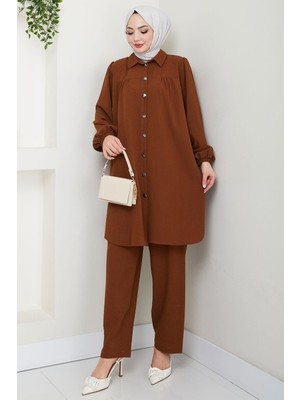 Büzgülü Gömlekli Ikili Takım Kahverengi HM2689