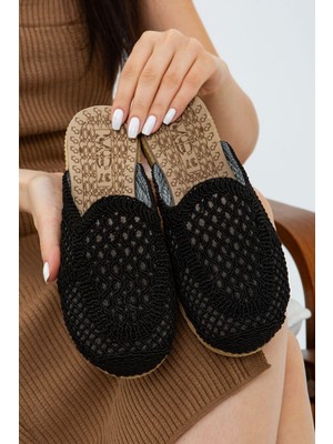 Siyah Önü Kapalı Hasır Örgü Dış Mekan Ve Ev Terliği