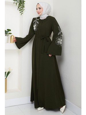 Incili Çiçek Motifli Kuşaklı Ferace Haki HM2720