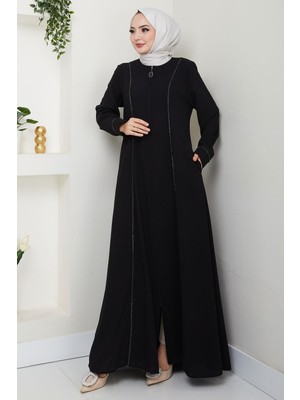 Boydan Şerit Taşlı Ferace Siyah HM2709