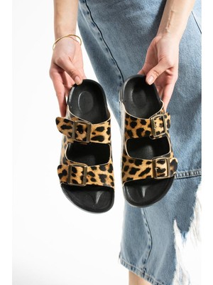 Leopar Yazlık Unisex Çift Toka Yumuşak ve Hafif Terlik