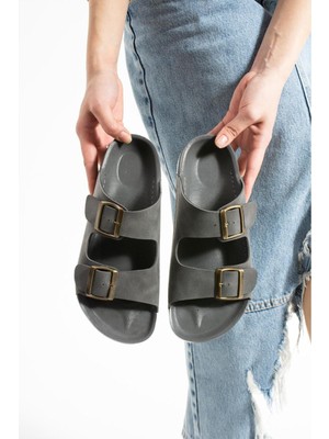 Gri Yazlık Unisex Çift Toka Yumuşak ve Hafif Terlik
