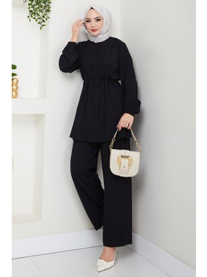Hafsa Mina Hakim Yaka Gömlekli İkili Takım Siyah Kadın 48 Beden Örme Kumaş Özellikli Şık Tasarım