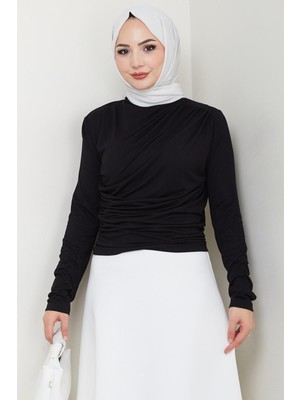 Hafsa Mina HM2694 Siyah Kadın Body Balıkçı Yaka Büzgü Detaylı Örme Kumaş ile Şık Tasarım