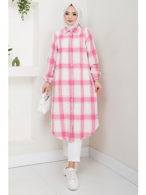 Uzun Ekose Oduncu Gömlek Tunik Pembe HM2652