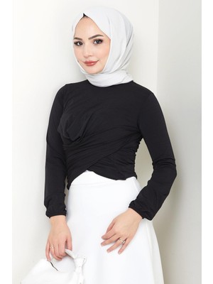 Bisiklet Yaka Büzgülü Sandy Bluz Siyah HM2765
