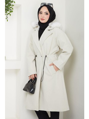 Kapüşonlu Beli Büzgülü Kaşe Kaban Ekru HM2604