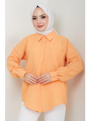 Tek Cepli Uzun Kol Oversize Keten Gömlek Turuncu HM2651