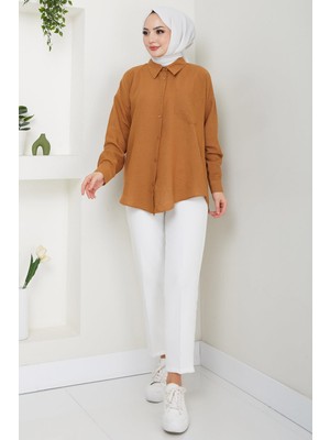 Tek Cepli Uzun Kol Oversize Keten Gömlek Taba HM2651