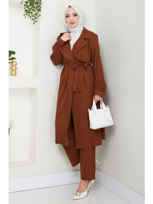 Yazlık Kruvaze Yaka Trençkot Ikili Takım Kahverengi HM2703