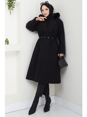Kapüşonlu Beli Büzgülü Kaşe Kaban Siyah HM2604