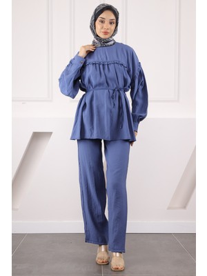 Indigo Beli Ipli Tunik Pantolonlu Modal Takım