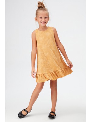 Hardal Çiçek Desen Kız Çocuk Fırfırlı Çan Etekli Elbise