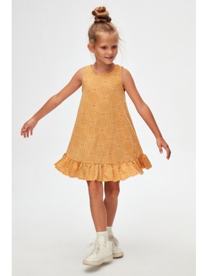 Hardal Yonca Desen Kız Çocuk Fırfırlı Çan Etekli Elbise