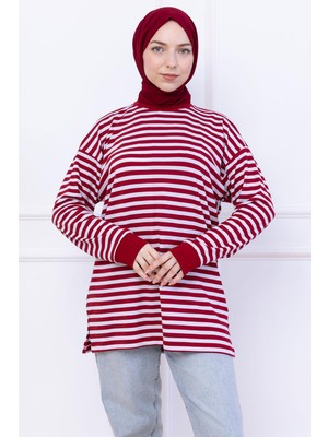 Çizgili Kısa Penye Tunik Bordo HM2477