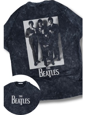 Fuddy Moda Unisex The Beatles Sırt Baskılı Yıkamalı Tişört, Oversize Rock-Metal Baskılı Eskitme T-Shirt